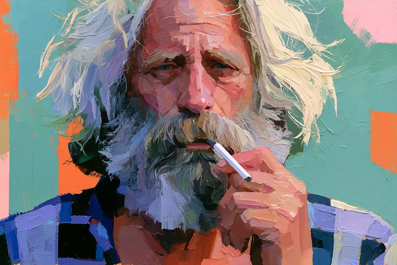 Retrato pictórico de un hombre sobre fondo rojo