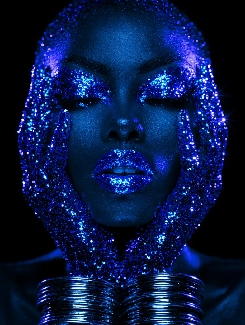 Retrato oscuro de una mujer con textura azul luminosa