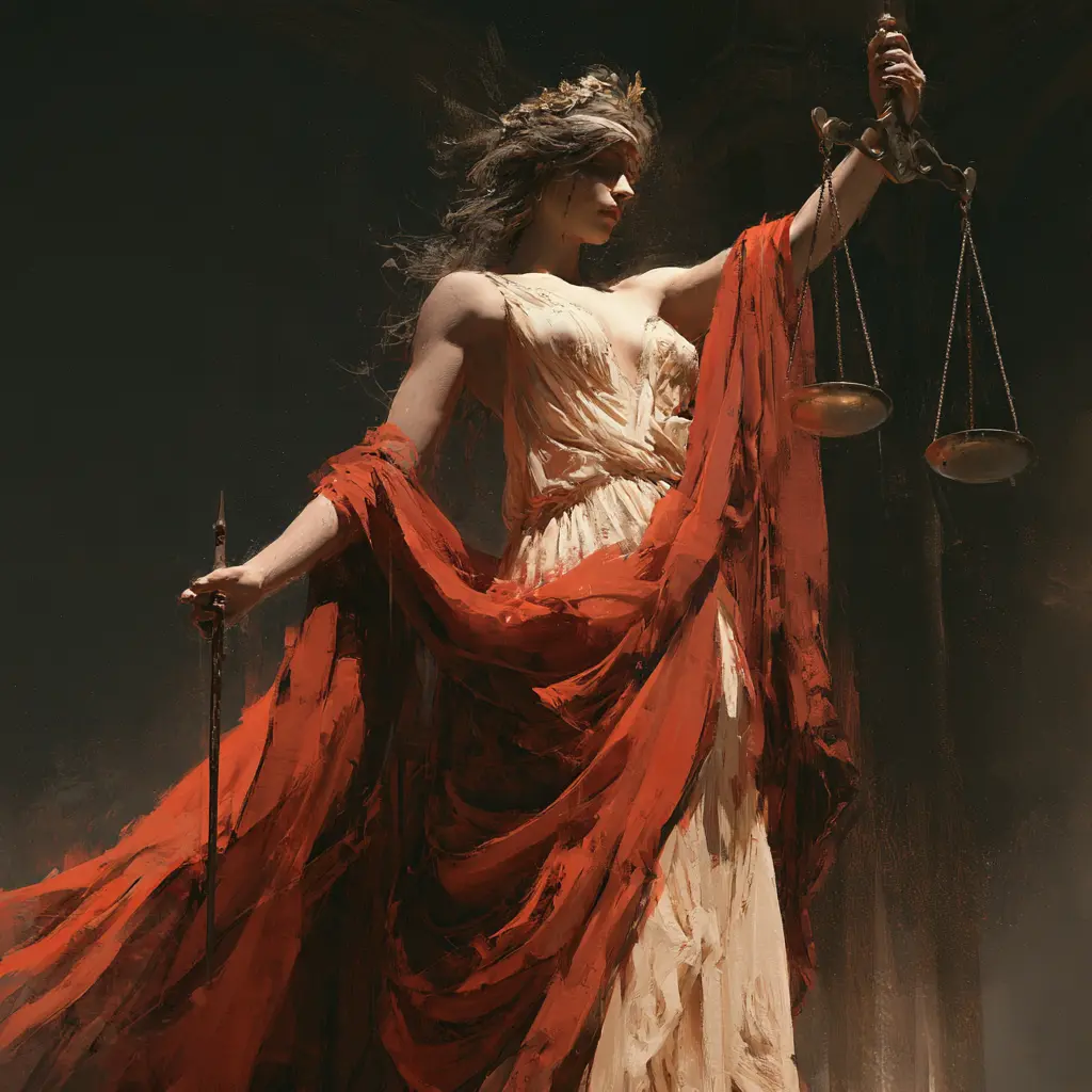 Figura clásica sosteniendo una balanza roja